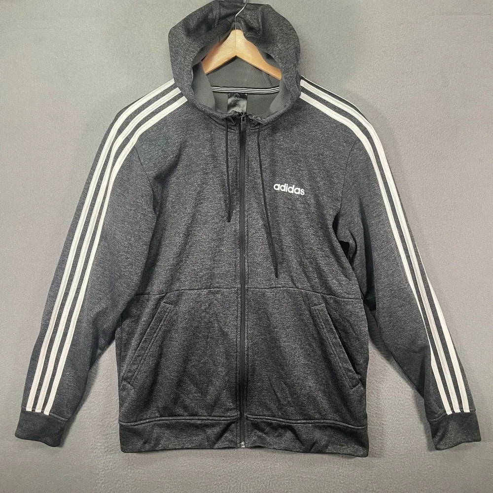 Adidas Full Zip Hoodie Mens Medium Gray Excellent Climawarm‎ 3-Stripes FL5611